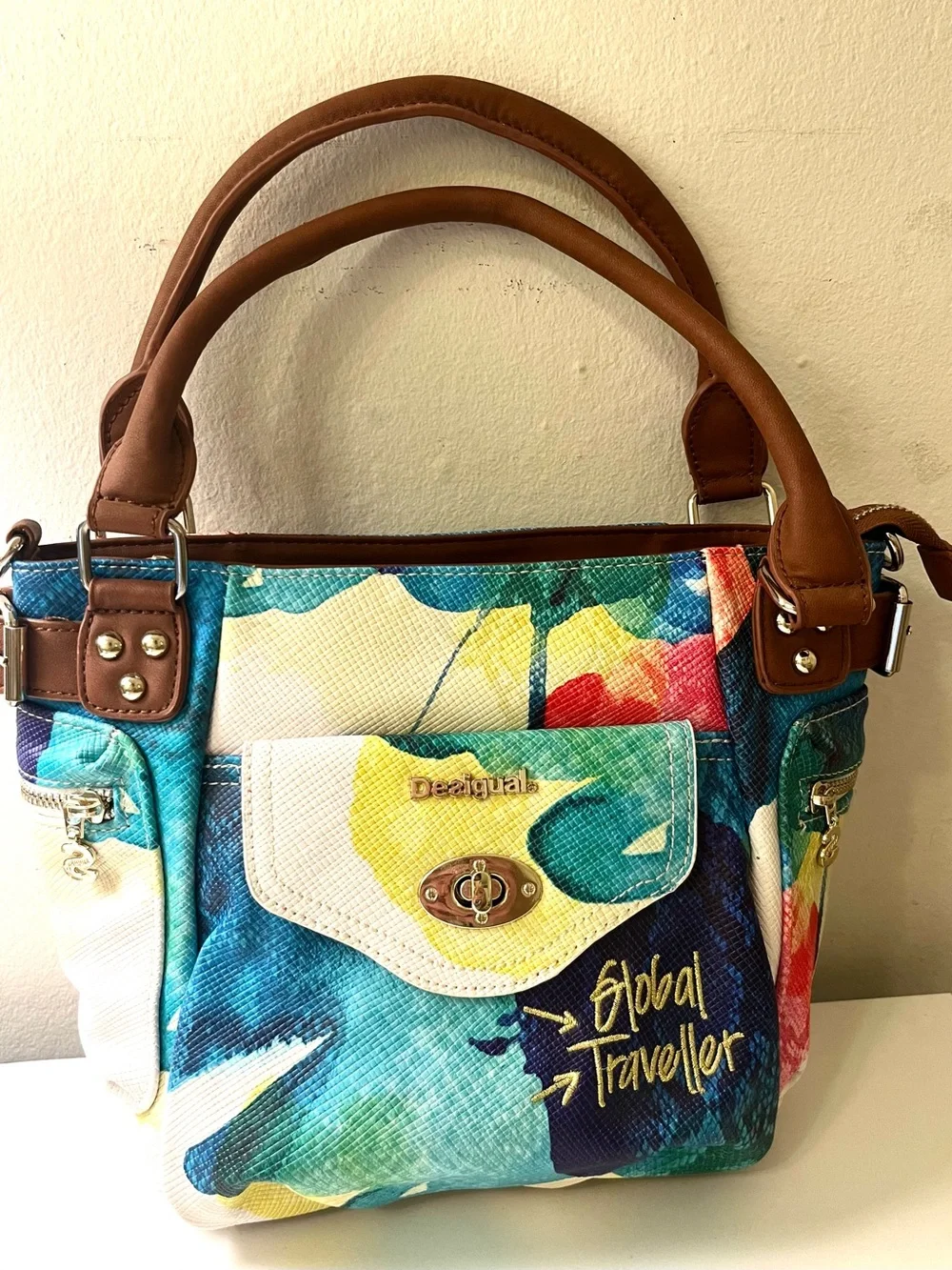 NWOT Rare Desigual Global Traveller Abstract Watercolor Satchel Bag